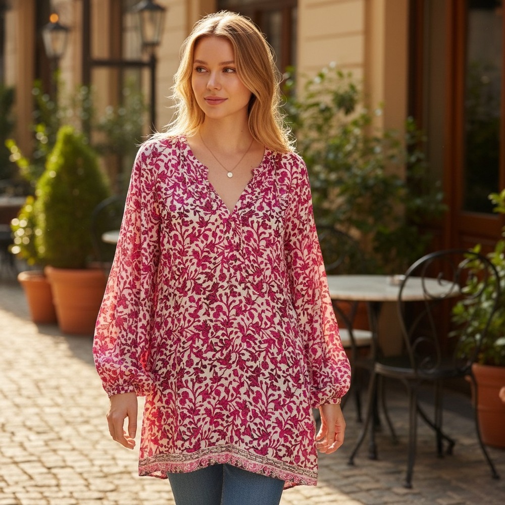 Soft Surroundings Tunic Top Shirt Pink Floral Bell Sleeve Boho Womens Medium